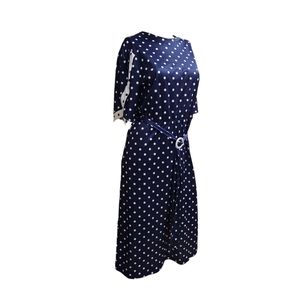 Women's navy and white, belted polkadot dress